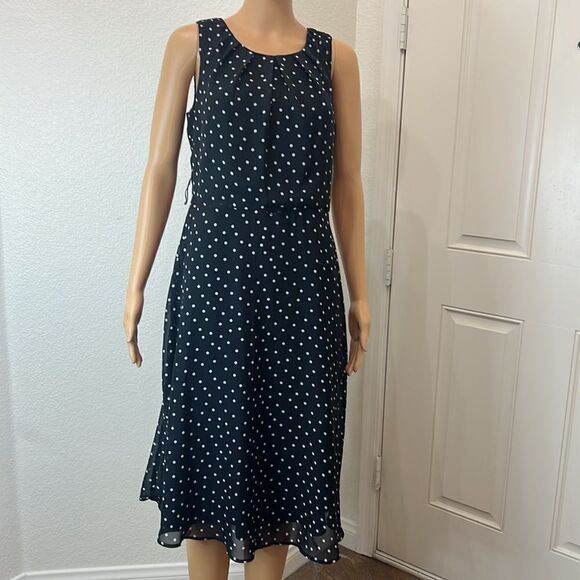 R&K Dress Size 8 Black White Polka Dots Scoop Neck Sleeveless Midi Sheer Lined - Picture 2 of 10